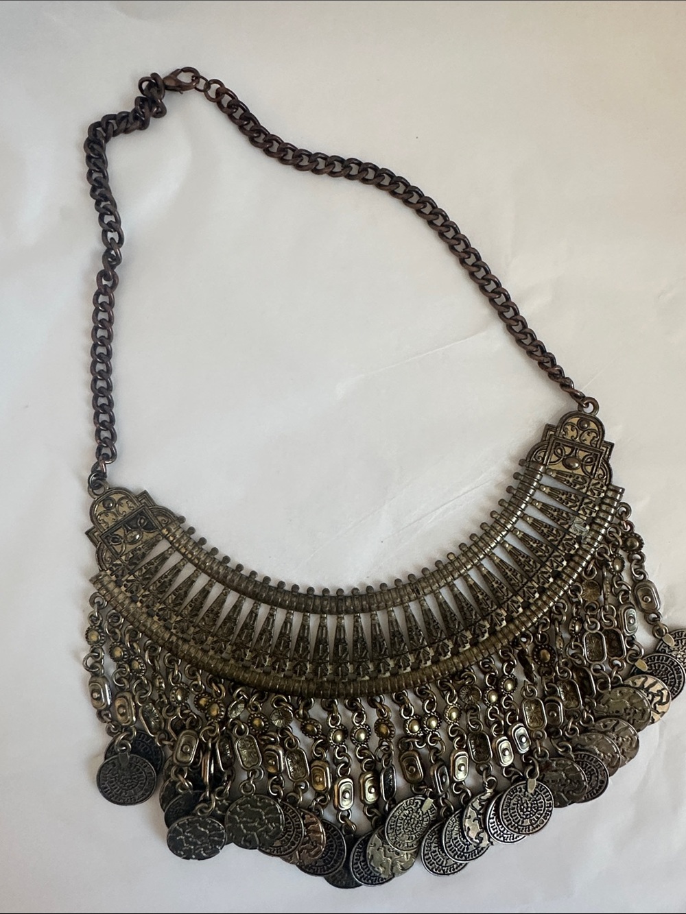 Antique Brass Coin Fringe Statement Necklace